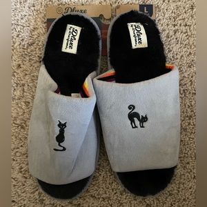 NEW Dearfoams Slipper Gray Plush Slide Embroidered Black Cat Women's Size 9-10